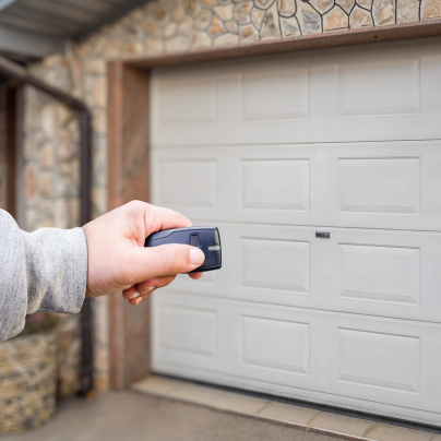 Naperville security key fob pointing to a garage door