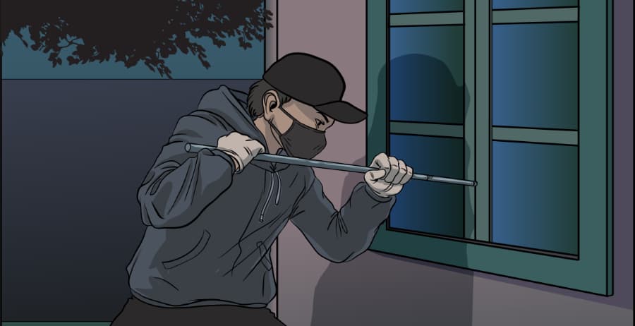 Illustration of burglar forcing entry through a window in Naperville